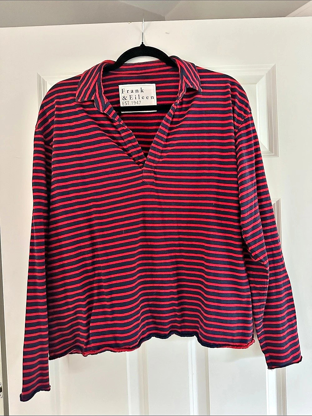 Frank & Eileen Patrick Popover Henley Striped Top Black & Red Large